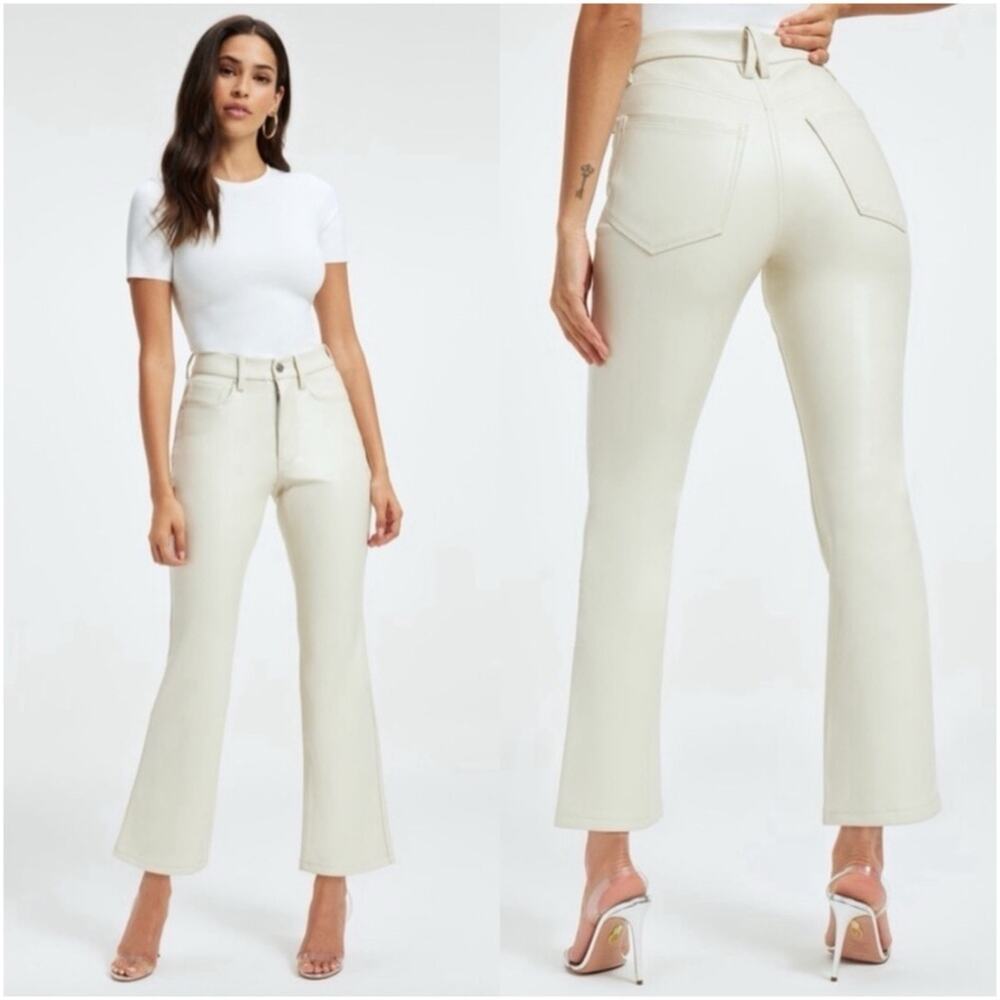 GOOD AMERICAN Good Legs Mini Boot-Cut Faux Leather Pants in Bone